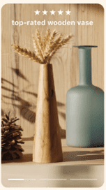 Wooden Vase with flowers in, 5 star rating and described as top-rated wooden vase