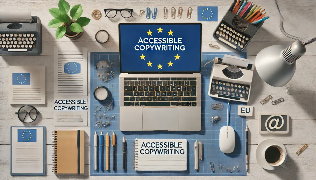 A landscape-oriented image of a digital workspace with a laptop displaying the words 'Accessible Copywriting' on the screen. The laptop is surrounded by writing tools such as pens, pencils, notebooks, and a computer mouse, with a subtle hint of an EU flag symbolizing European inclusivity.