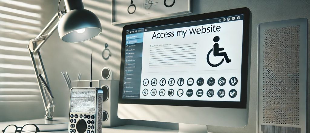 A computer on a desk displaying a generic website design with the words "access my website" at the top