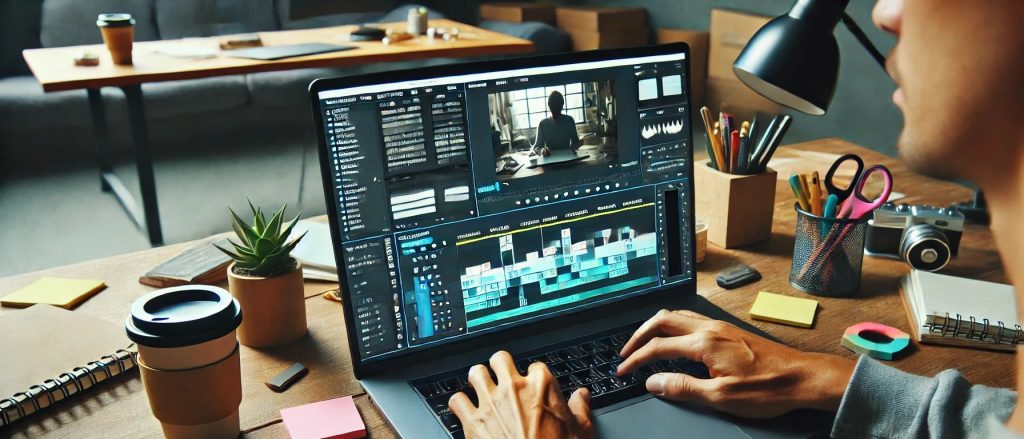 A man sits at a laptop creating a video using video editing software