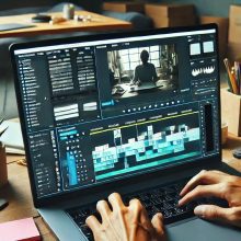 A man sits at a laptop creating a video using video editing software