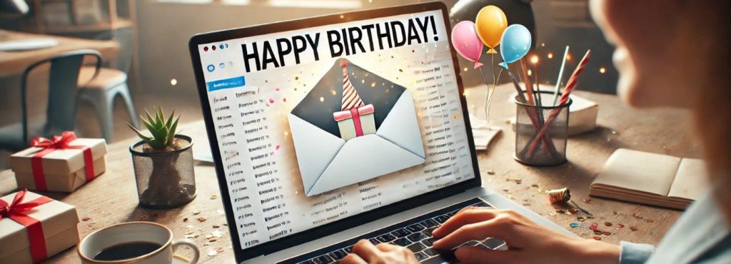 A person sits at a laptop reading an email wishing them a happy brithday