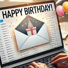 A person sits at a laptop reading an email wishing them a happy brithday