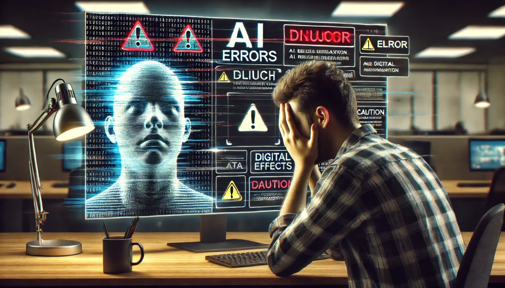 A frustrated man sitting at a desk with his face in his hands, looking at a computer screen displaying numerous AI-related error messages.