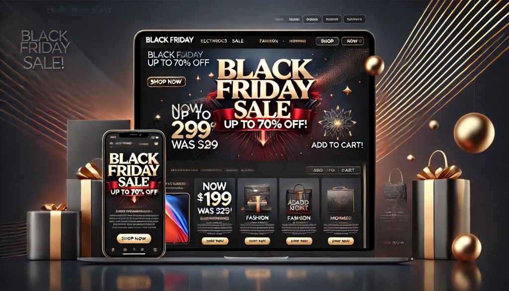 Black Friday website mockup with a dark theme, featuring a bold banner reading 'Black Friday Sale - Up to 70% Off!