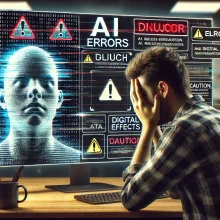 A frustrated man sitting at a desk with his face in his hands, looking at a computer screen displaying numerous AI-related error messages.