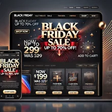 Black Friday website mockup with a dark theme, featuring a bold banner reading 'Black Friday Sale - Up to 70% Off!